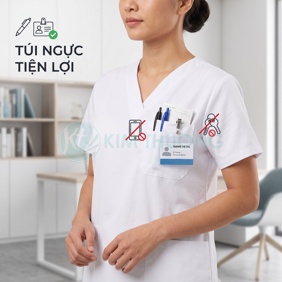 Đồng phục y tá trắng có túi ngực tiện lợi đựng bút, thẻ tên và sổ nhỏ trong phòng khám