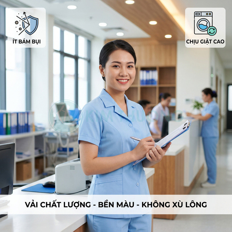 Đồng phục y tá màu xanh dương chất liệu bền màu ít bám bụi chịu giặt cao trong môi trường bệnh viện