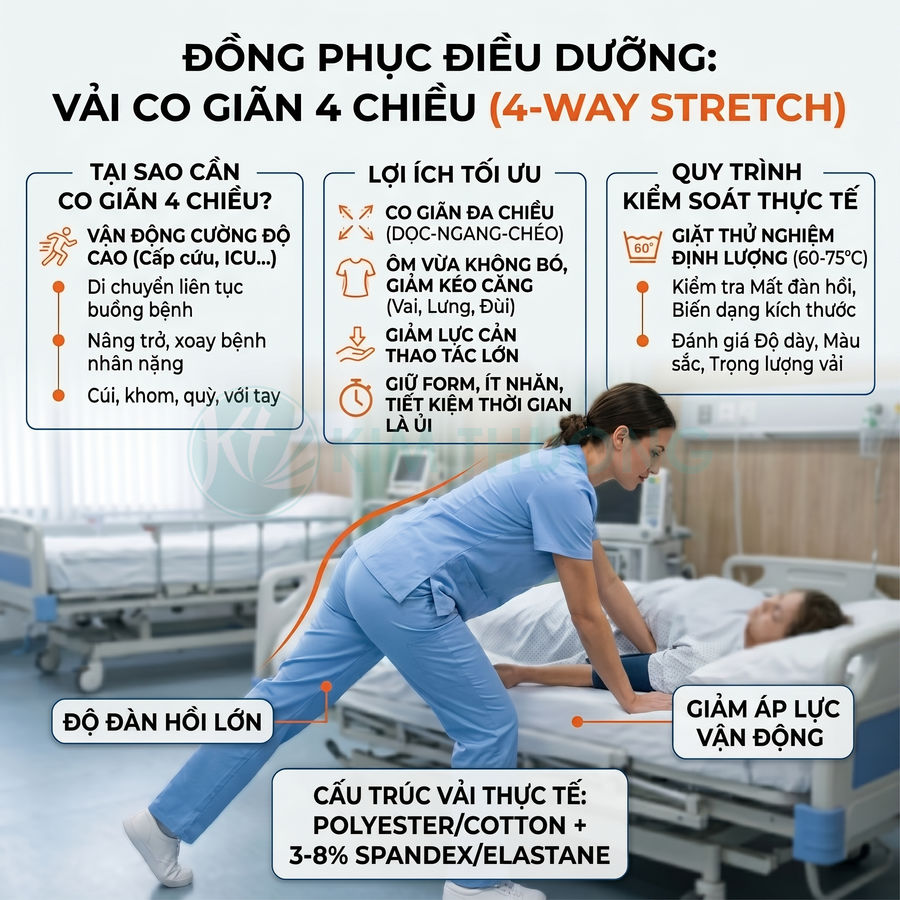 Đồng phục điều dưỡng vải co giãn 4 chiều màu xanh dương hỗ trợ vận động khi chăm sóc bệnh nhân