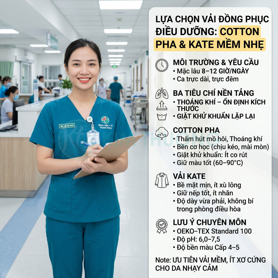 Nữ điều dưỡng mặc đồng phục y tế màu xanh cotton pha kate mềm nhẹ trong bệnh viện hiện đại