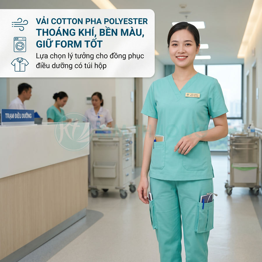 Đồng phục điều dưỡng màu xanh ngọc vải cotton pha polyester có nhiều túi tiện dụng trong bệnh viện