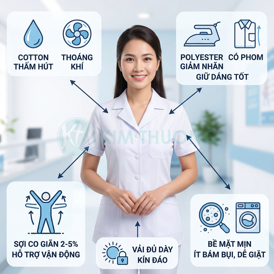 Đồng phục y tá nữ màu trắng tay ngắn, chất vải cotton polyester co giãn, thoáng khí, ít nhăn, bề mặt mịn dễ giặt
