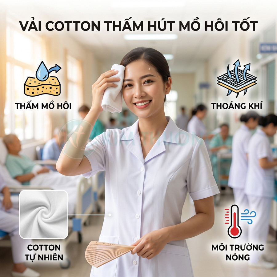 Đồng phục y tá vải cotton thấm hút mồ hôi tốt, thoáng khí, phù hợp môi trường bệnh viện nóng