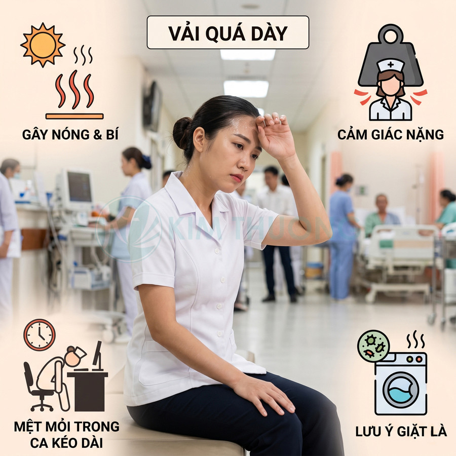 Nữ y tá mặc đồng phục y tế vải dày, mệt mỏi và đổ mồ hôi trong bệnh viện đông người
