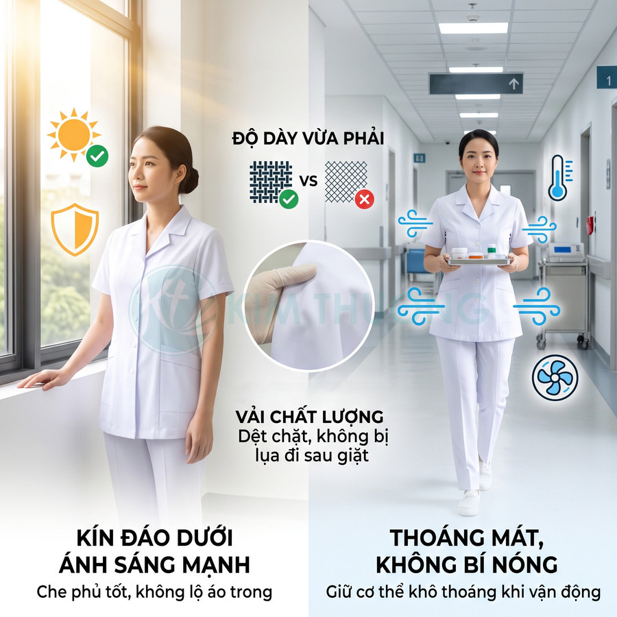 Đồng phục y tá nữ màu trắng vải dày vừa phải, kín đáo dưới ánh sáng, thoáng mát và không bị nóng khi làm việc
