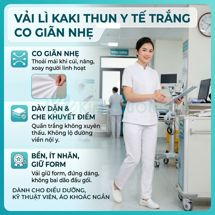Đồng phục y tá vải kaki thun y tế trắng co giãn nhẹ, dày dặn, ít nhăn, giữ form trong bệnh viện