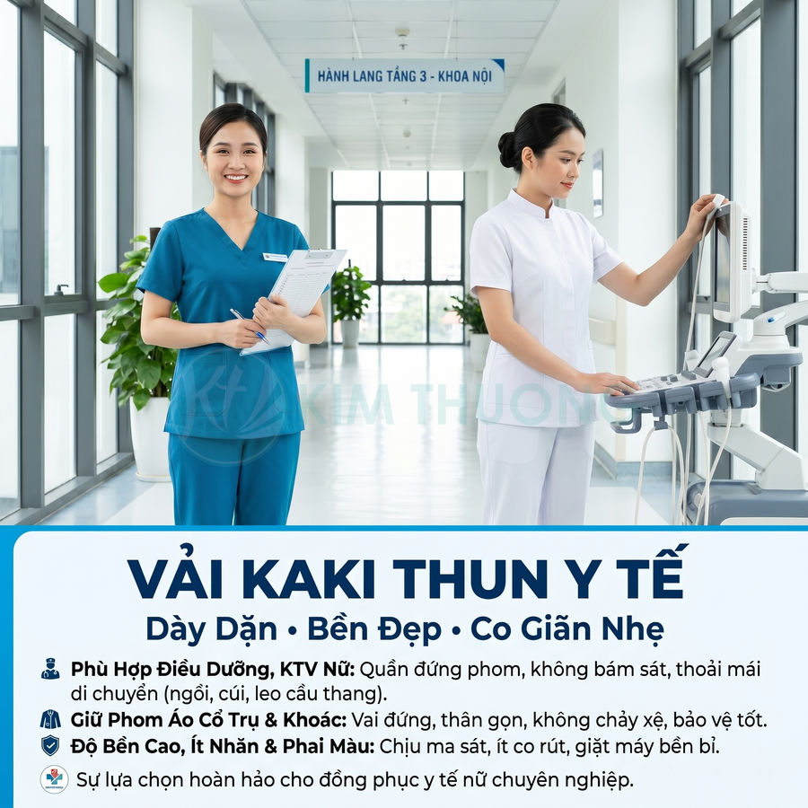 Đồng phục y tá nữ vải kaki thun y tế màu xanh và trắng, dáng đứng phom, co giãn nhẹ, phù hợp môi trường bệnh viện