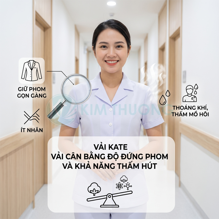 Nữ y tá mặc đồng phục y tế vải kate màu trắng đứng trong hành lang bệnh viện