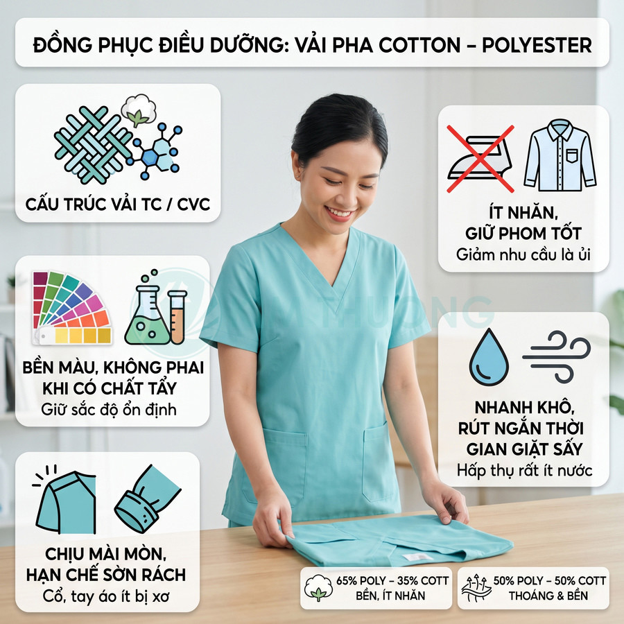Đồng phục điều dưỡng vải pha cotton polyester màu xanh ngọc, ít nhăn, nhanh khô, bền màu