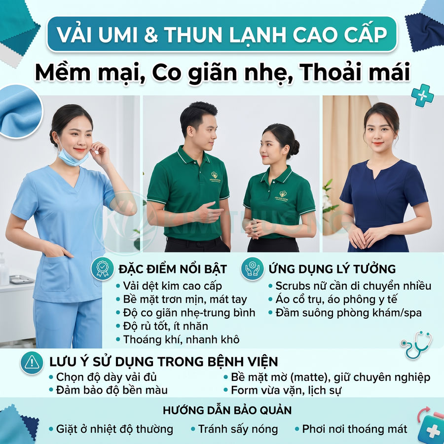 Đồng phục y tế nữ vải umi và thun lạnh cao cấp, mềm mại co giãn nhẹ, nhiều kiểu dáng chuyên nghiệp