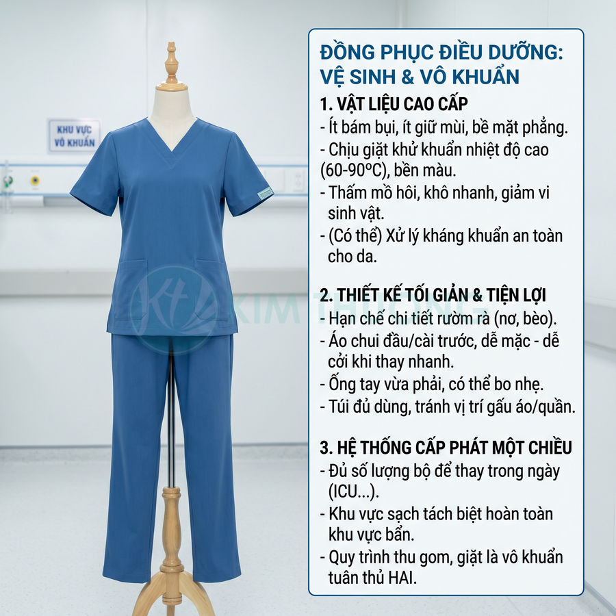 Đồng phục điều dưỡng màu xanh dương kiểu quần áo liền set, thiết kế đơn giản tiện lợi trong phòng khám sạch khuẩn