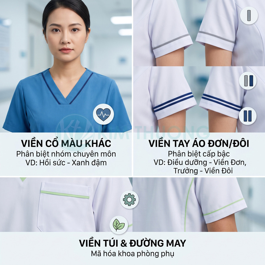 Đồng phục y tá bệnh viện với viền cổ, viền tay áo và viền túi màu khác nhau để phân biệt chuyên môn và cấp bậc