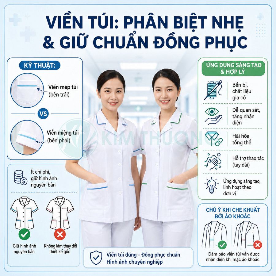 Hai nữ y tá mặc đồng phục y tế trắng viền màu xanh đứng trong hành lang bệnh viện