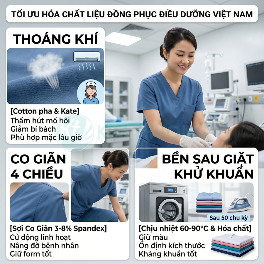 Đồng phục điều dưỡng Viet Med màu xanh navy và xanh nhạt, chất liệu thoáng khí co giãn, phù hợp môi trường bệnh viện