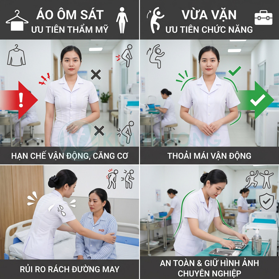 Đồng phục y tá nữ màu trắng vừa vặn, thiết kế ưu tiên chức năng giúp thoải mái vận động và giữ hình ảnh chuyên nghiệp