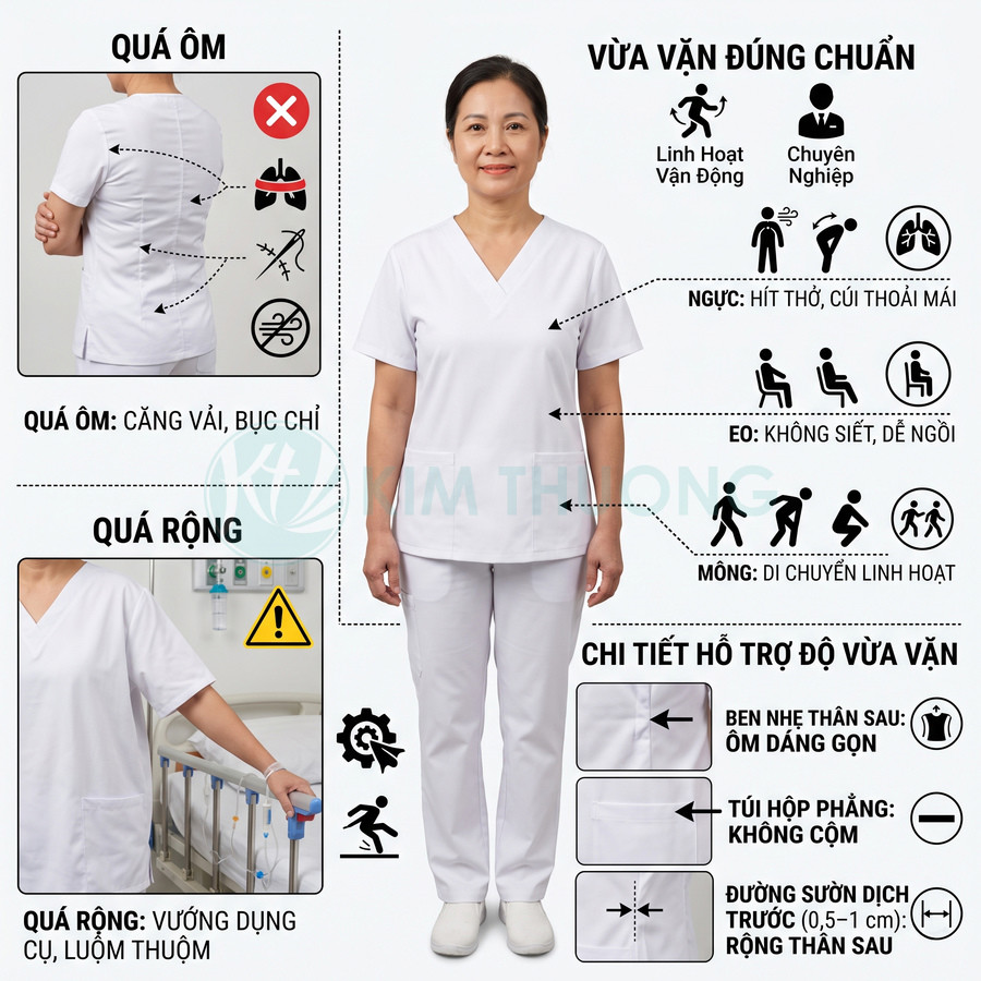 Đồng phục y tá nữ màu trắng vừa vặn, chất liệu thoải mái, hỗ trợ vận động linh hoạt trong bệnh viện
