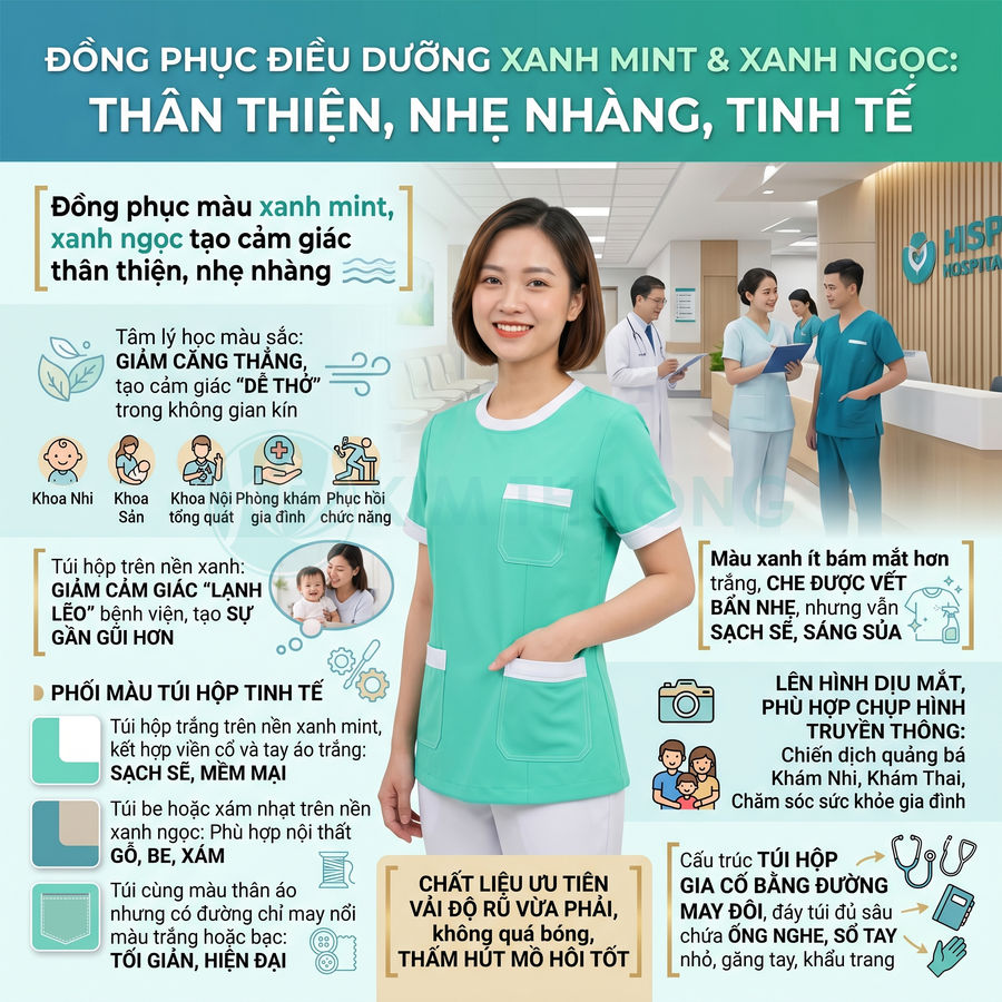 Đồng phục điều dưỡng màu xanh mint tay ngắn túi hộp viền trắng cho nhân viên y tế nữ trong bệnh viện