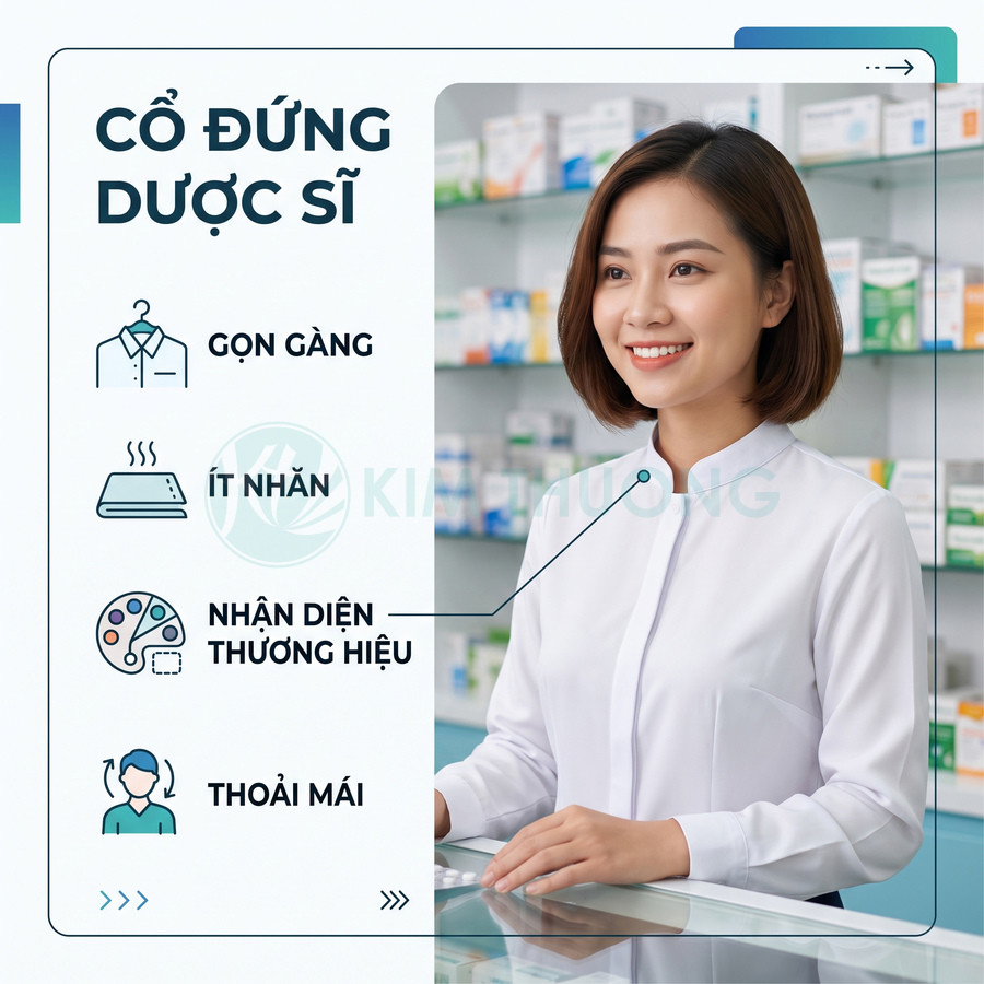 Đồng phục dược sĩ cổ đứng màu trắng gọn gàng, ít nhăn, tạo nhận diện thương hiệu và cảm giác thoải mái