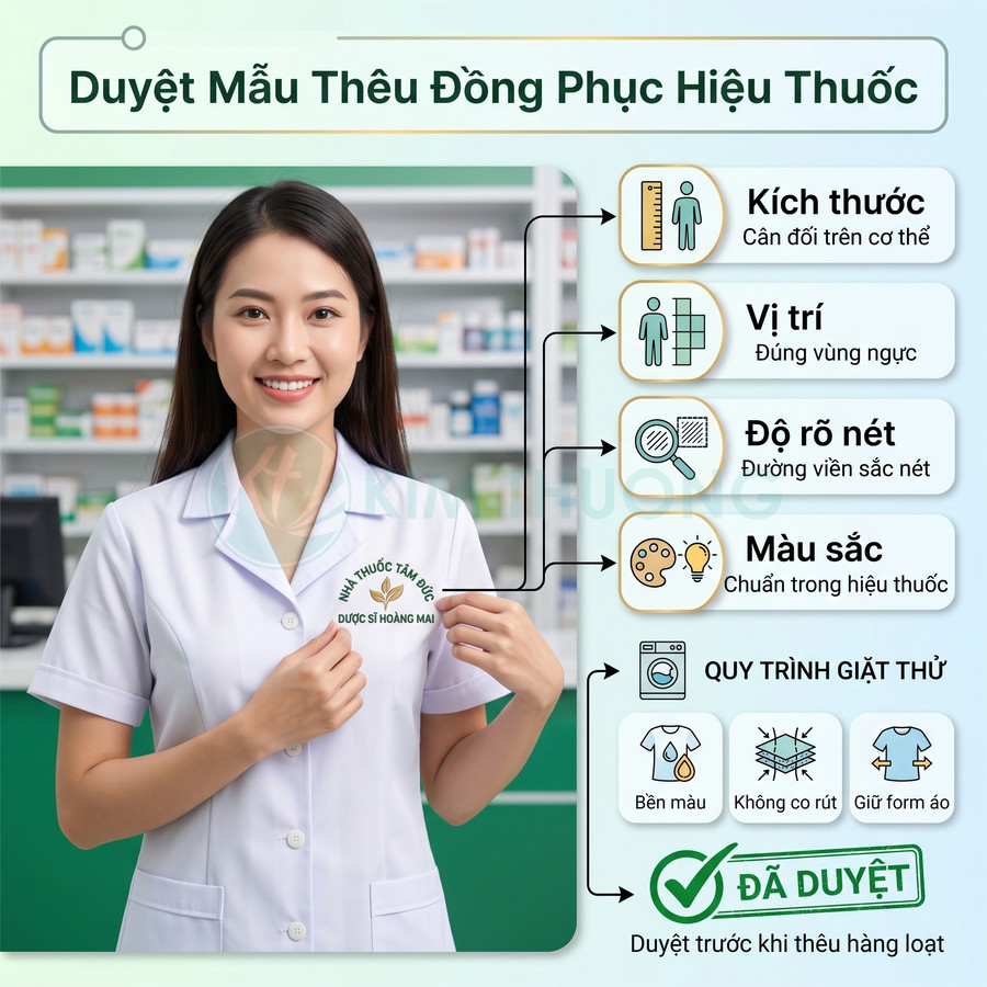Dược sĩ nữ mặc đồng phục hiệu thuốc trắng, cầm phần logo thêu Nhân Thuốc Tâm Đức trên ngực trái