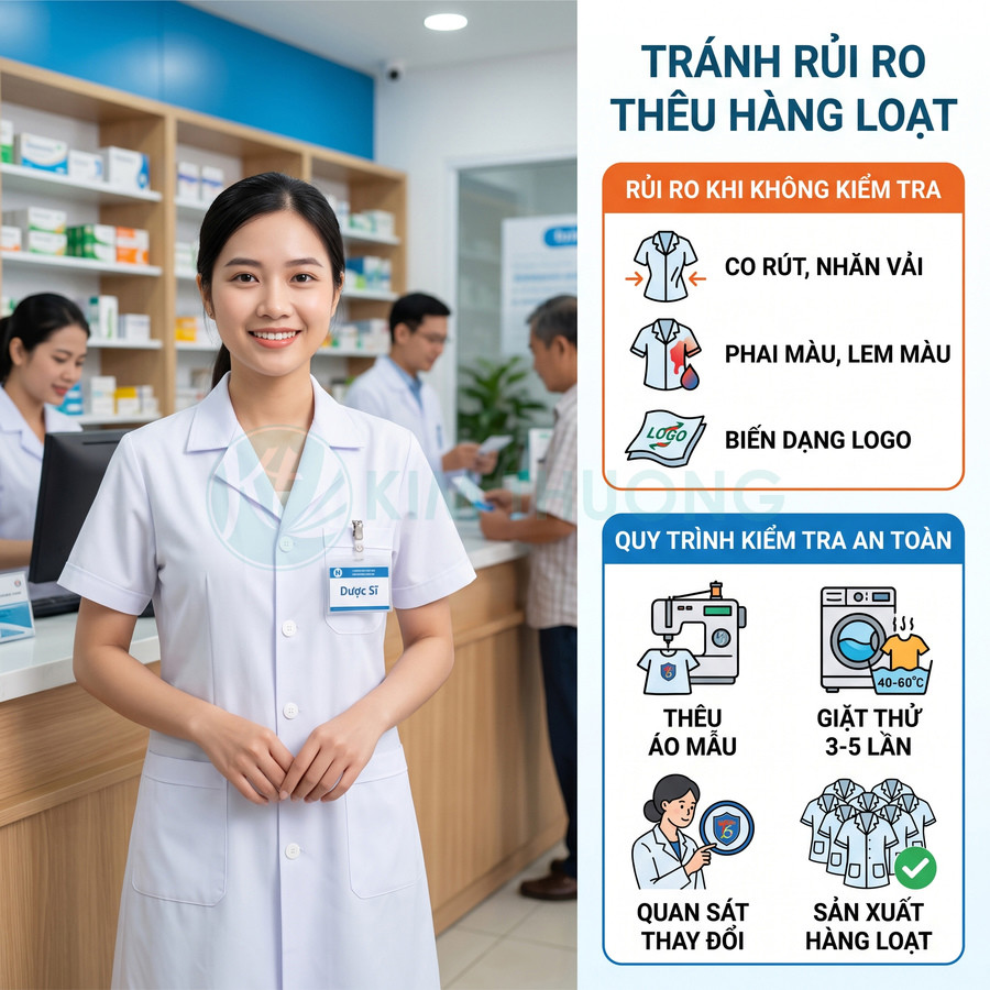 Nữ dược sĩ mặc áo blouse trắng đứng trong nhà thuốc, giới thiệu quy trình kiểm tra an toàn thêu logo trên đồng phục