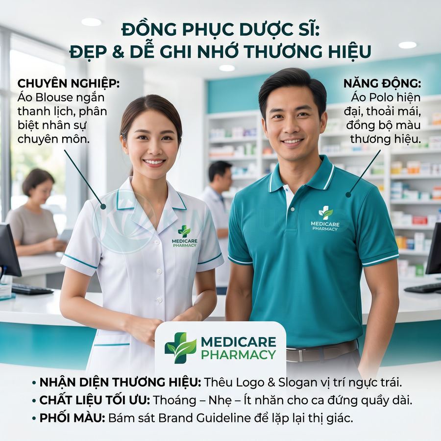 Đồng phục dược sĩ Medicare Pharmacy với áo blouse trắng và áo polo xanh in logo tại quầy thuốc hiện đại