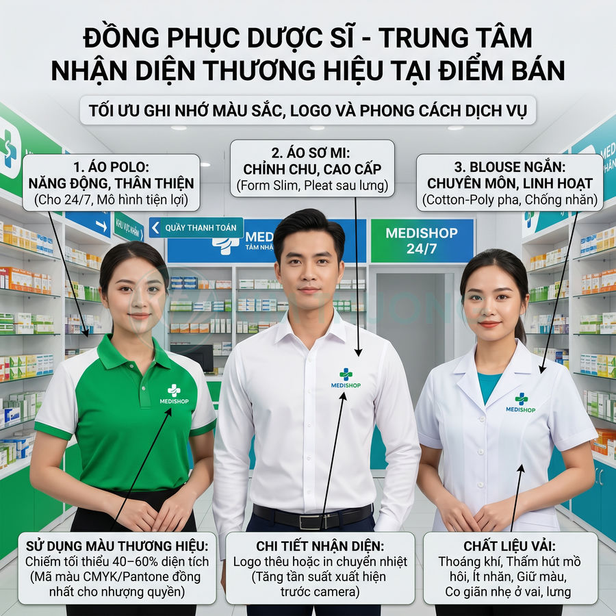 Đồng phục dược sĩ Medishop gồm áo polo, áo sơ mi và blouse trắng trong không gian nhà thuốc hiện đại