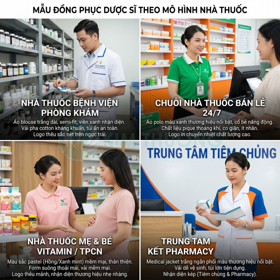 Mẫu đồng phục dược sĩ cho nhà thuốc bệnh viện, nhà thuốc bán lẻ, mẹ và bé, trung tâm tiêm chủng