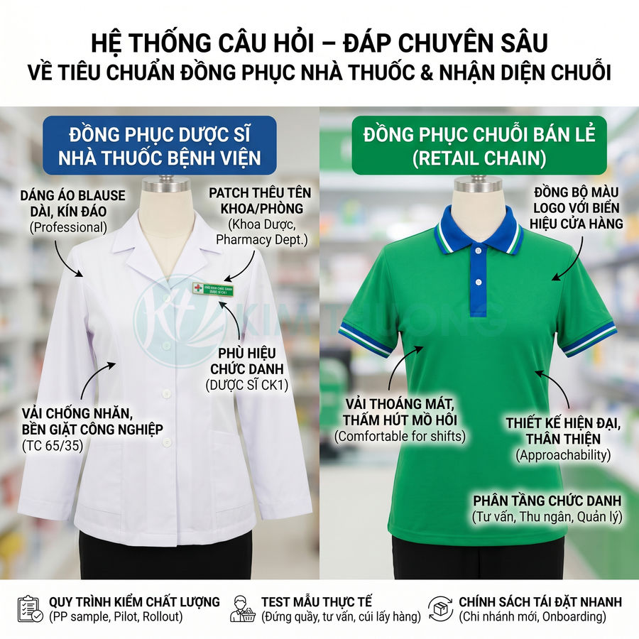 Đồng phục dược sĩ áo blouse trắng và đồng phục nhân viên chuỗi nhà thuốc áo polo xanh trong nhà thuốc