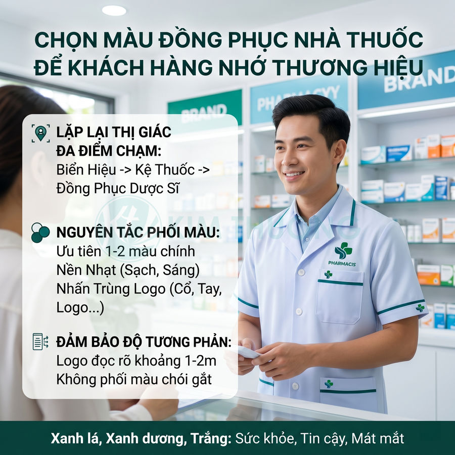 Dược sĩ mặc đồng phục nhà thuốc màu trắng viền xanh đứng tư vấn cho khách tại quầy thuốc