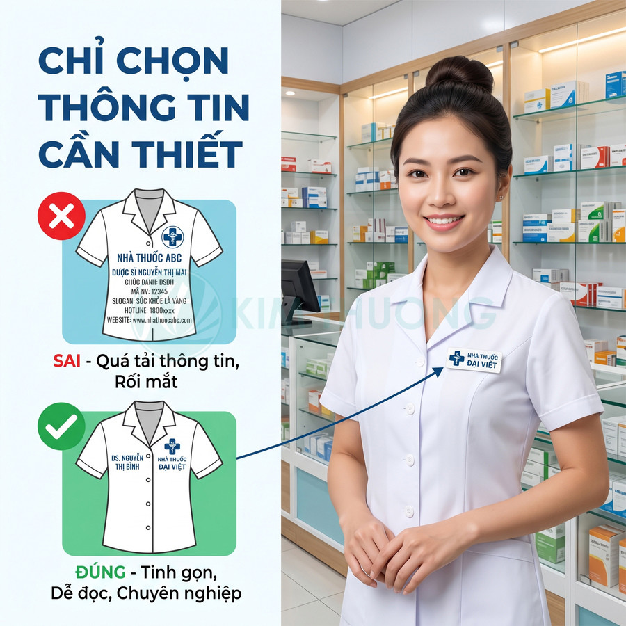Nữ dược sĩ mặc đồng phục nhà thuốc Đại Việt với bảng tên đơn giản trong không gian quầy thuốc hiện đại