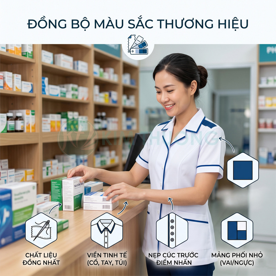 Nữ dược sĩ mặc đồng phục y tế trắng viền xanh navy đang sắp xếp thuốc trên kệ trong nhà thuốc