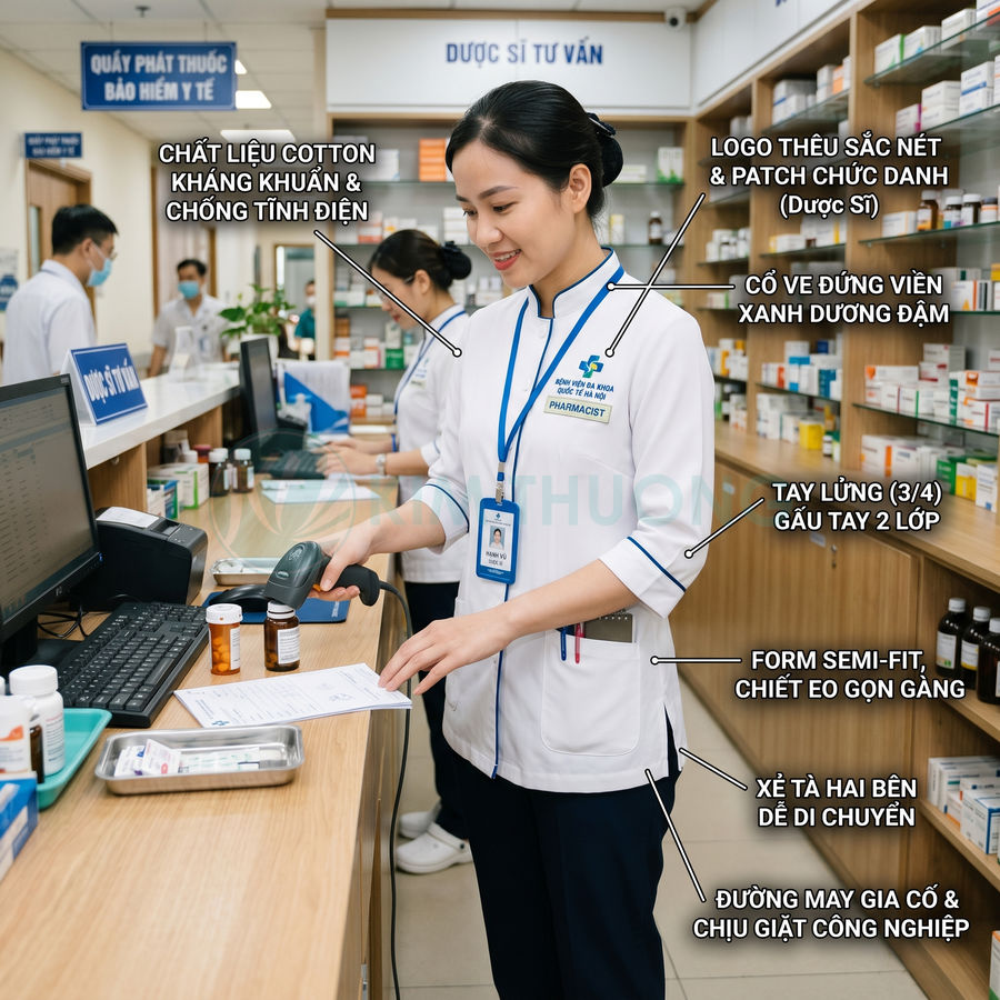 Đồng phục dược sĩ nữ tay lửng chất liệu cotton kháng khuẩn màu trắng viền xanh tại quầy thuốc bệnh viện