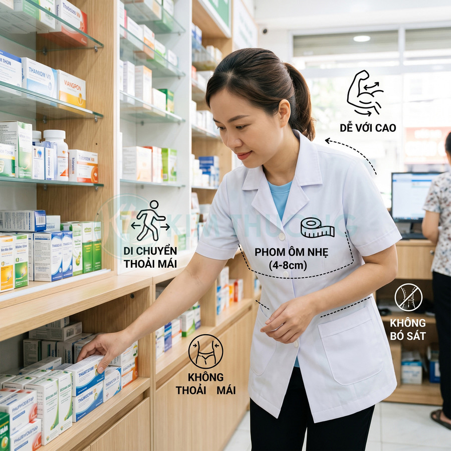 Áo blouse dược sĩ nữ phom ôm nhẹ, chất liệu thoải mái, dễ vận động khi làm việc tại nhà thuốc