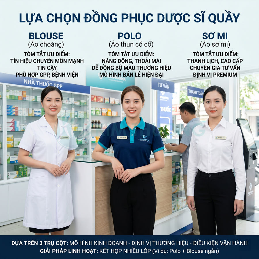 Các mẫu đồng phục dược sĩ quầy gồm áo blouse, áo polo và áo sơ mi trong nhà thuốc hiện đại