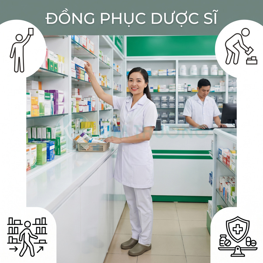 Đồng phục dược sĩ nữ màu trắng tại nhà thuốc hiện đại, thiết kế đơn giản gọn gàng