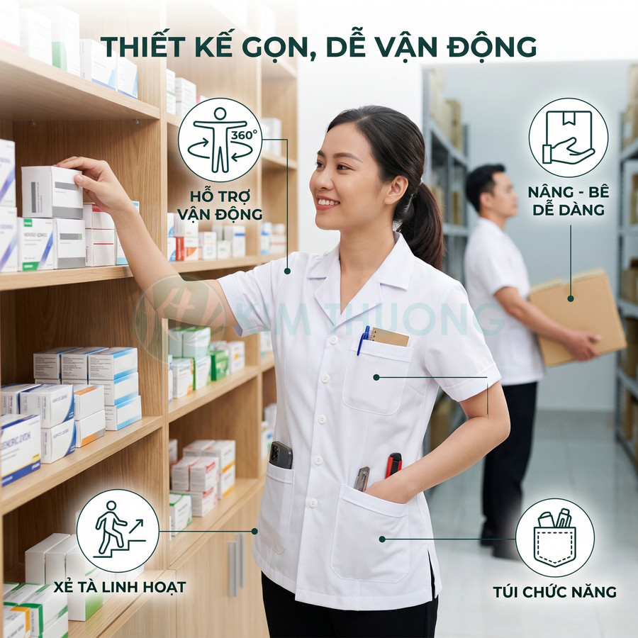 Áo blouse dược sĩ nữ thiết kế gọn nhẹ nhiều túi tiện dụng khi sắp xếp thuốc trong nhà thuốc