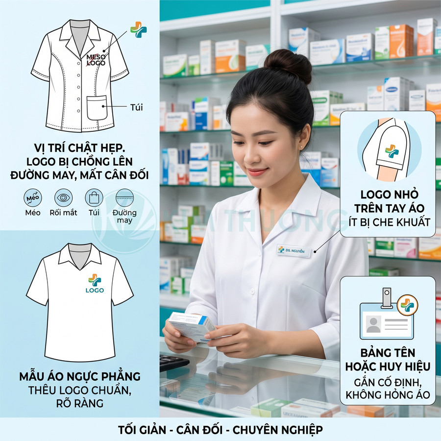 Mẫu áo blouse dược sĩ thêu logo ngực phẳng rõ ràng kèm bảng tên huy hiệu trong nhà thuốc