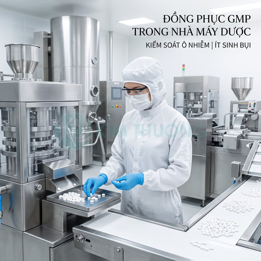 Nhân viên mặc đồng phục GMP phòng sạch đang kiểm tra viên nén trên dây chuyền sản xuất thuốc trong nhà máy dược