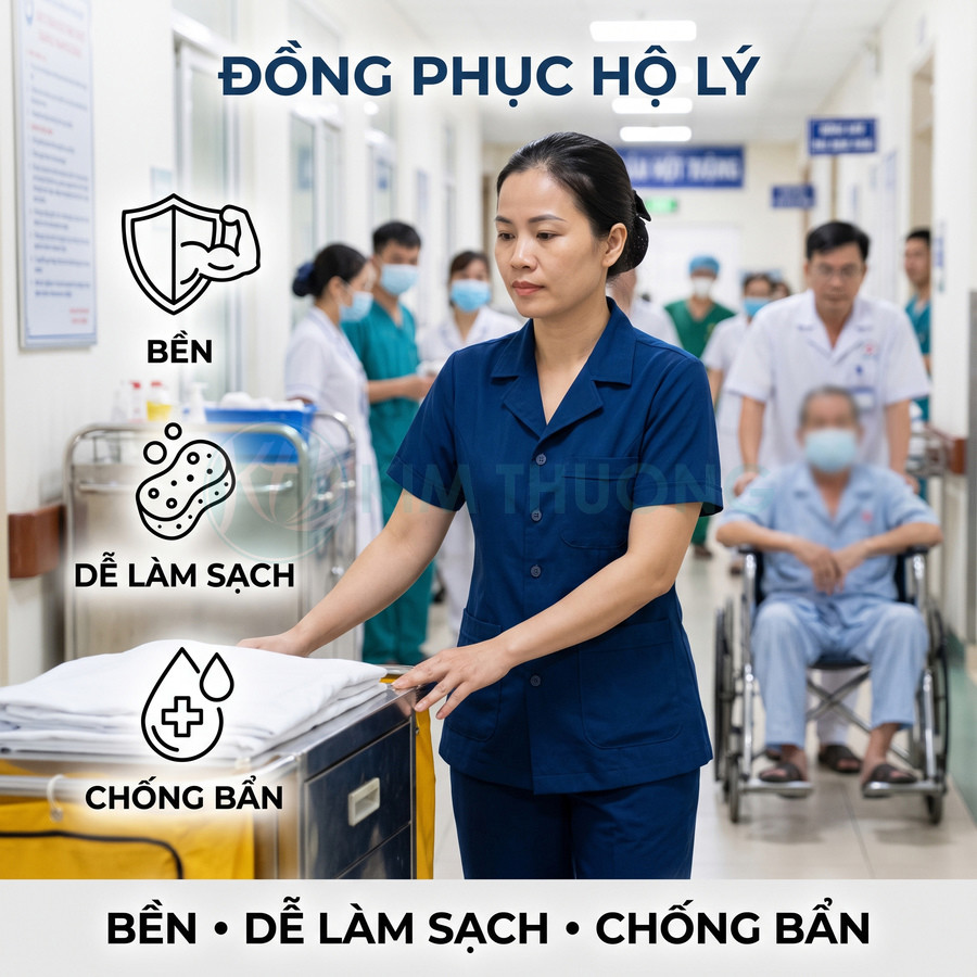 Đồng phục hộ lý màu xanh đậm bền dễ làm sạch chống bẩn trong môi trường bệnh viện