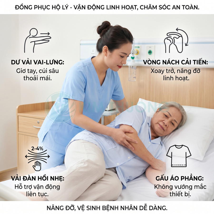 Đồng phục hộ lý màu xanh hỗ trợ vận động linh hoạt khi chăm sóc và nâng đỡ bệnh nhân cao tuổi trên giường bệnh