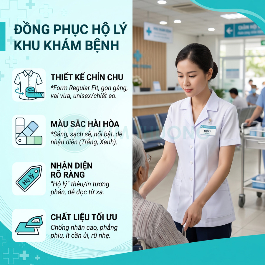 Đồng phục hộ lý nữ màu trắng tại khu khám bệnh, thiết kế gọn gàng, chất liệu phẳng phiu, dễ nhận diện