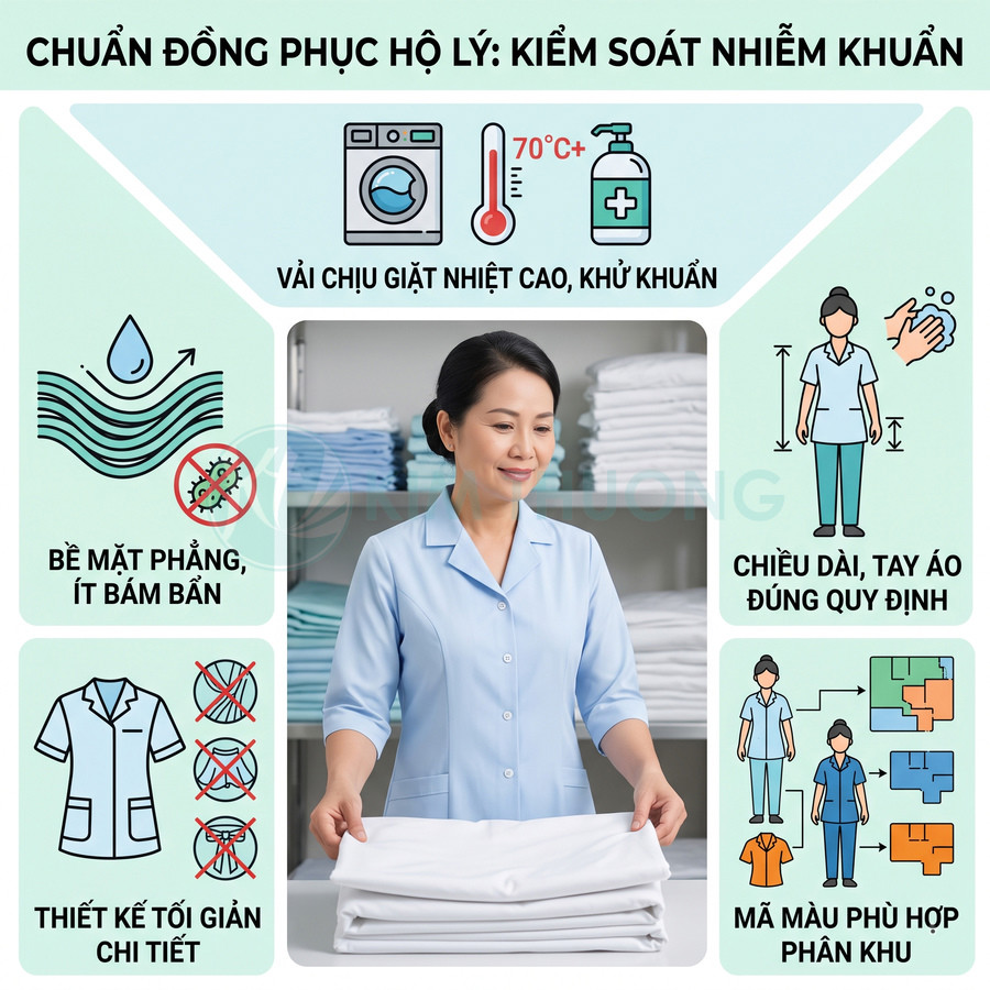 Đồng phục hộ lý màu xanh nhạt thiết kế tối giản, vải chịu nhiệt, ít bám bẩn, phù hợp kiểm soát nhiễm khuẩn