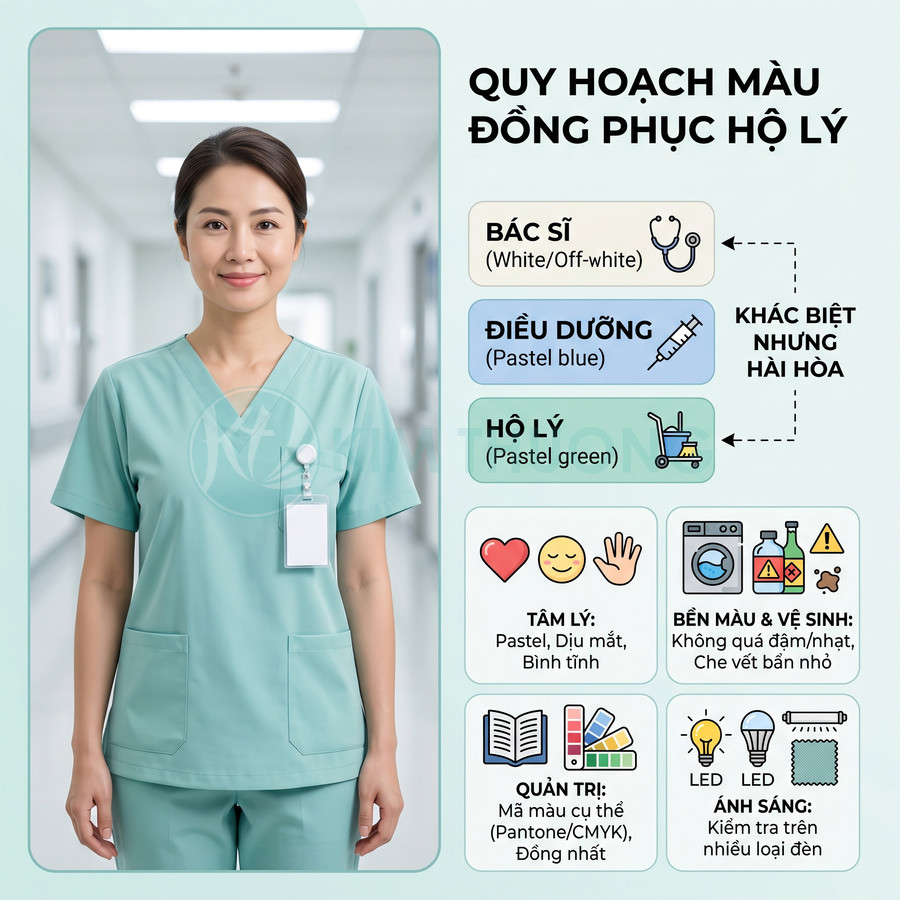 Nữ hộ lý mặc đồng phục màu xanh pastel đứng trong hành lang bệnh viện, bảng hướng dẫn quy hoạch màu đồng phục bên cạnh