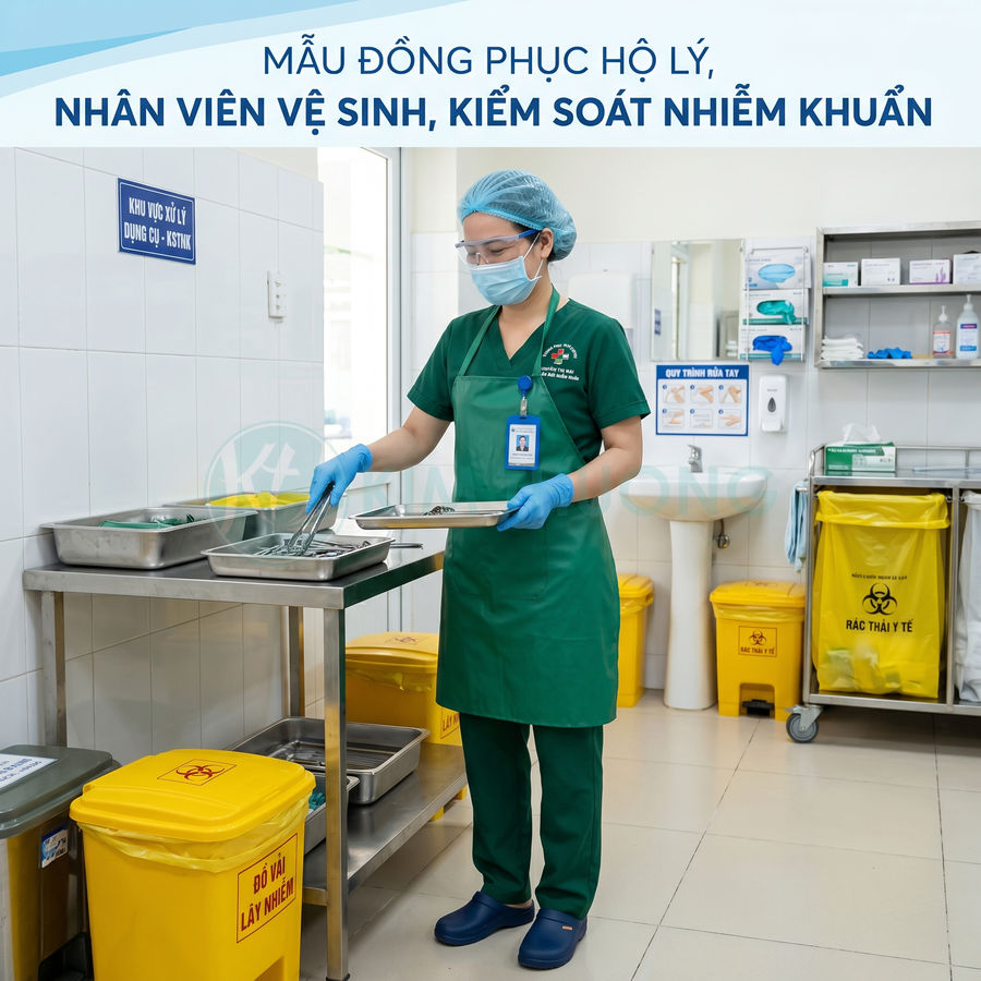 Đồng phục hộ lý kiểm soát nhiễm khuẩn màu xanh lá, đeo tạp dề, găng tay, khẩu trang trong phòng xử lý dụng cụ y tế