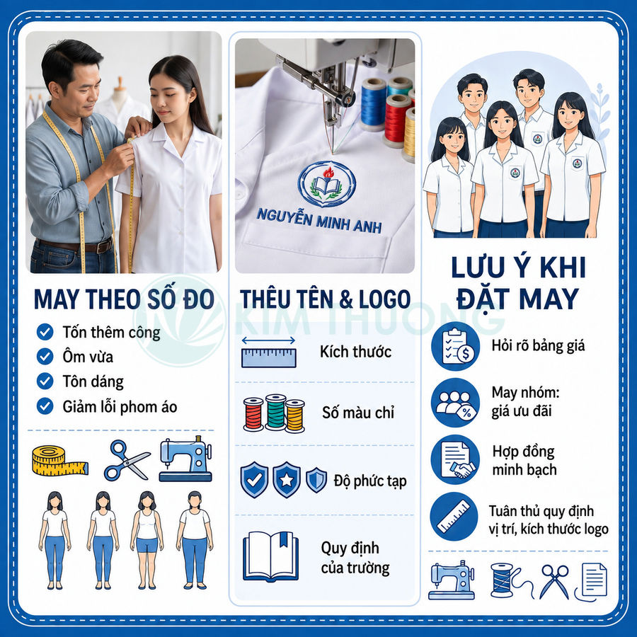 Dịch vụ may đo và thêu tên logo đồng phục học sinh trắng theo quy định nhà trường