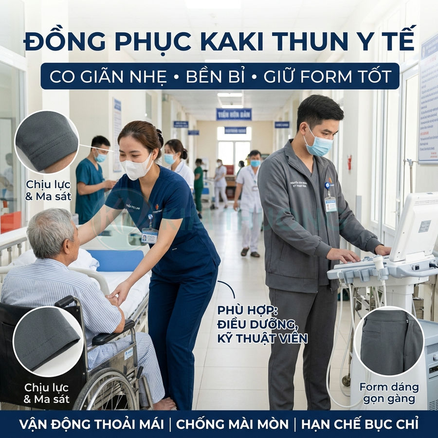 Đồng phục kaki thun y tế co giãn cho điều dưỡng và kỹ thuật viên, form gọn gàng, bền và chống mài mòn
