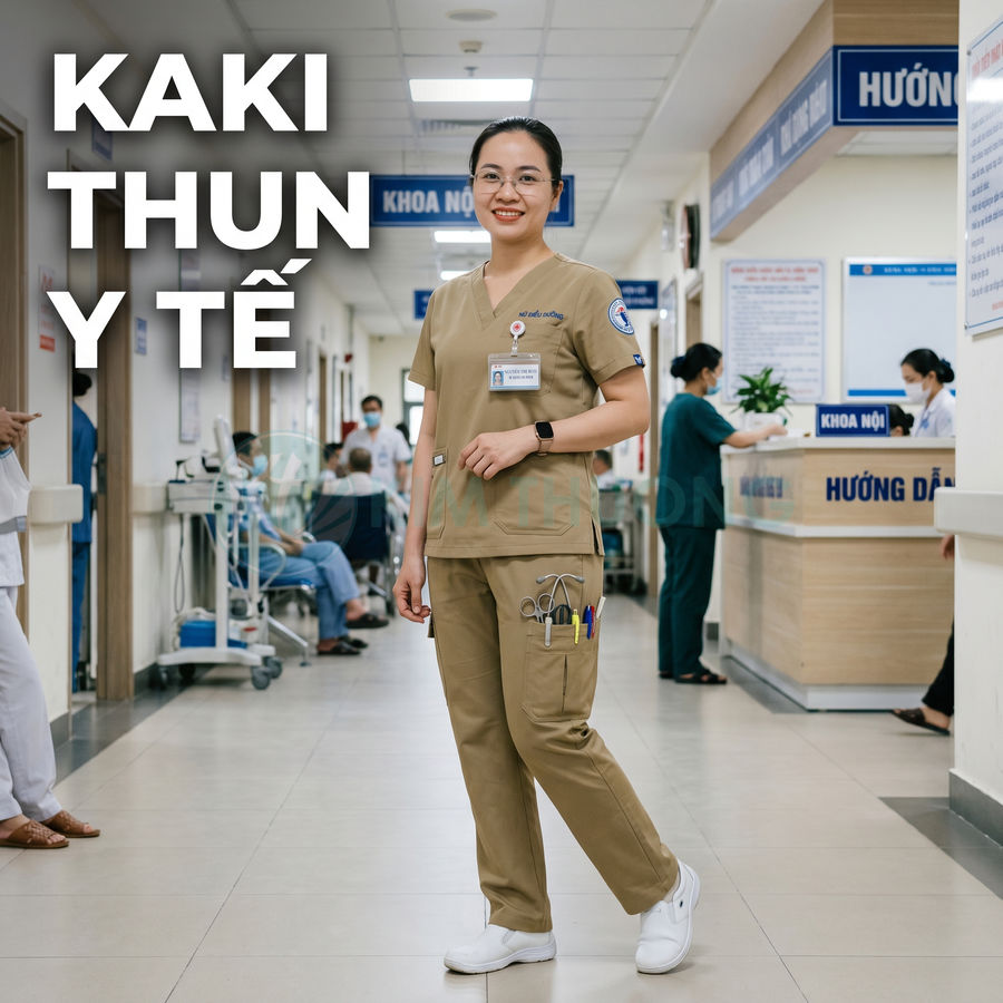 Đồng phục y tá kaki thun màu nâu nhạt trong bệnh viện, quần áo có nhiều túi đựng dụng cụ y tế