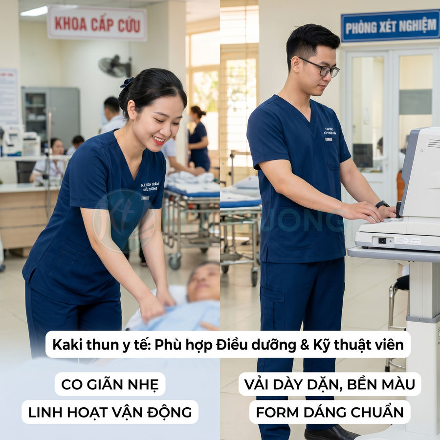 Đồng phục y tá và kỹ thuật viên màu xanh navy chất liệu kaki thun co giãn nhẹ trong bệnh viện