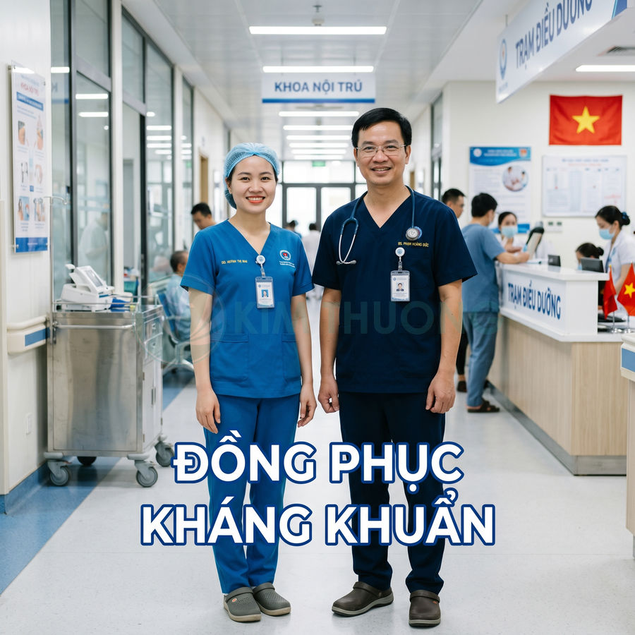 Đồng phục y tá và bác sĩ màu xanh kháng khuẩn trong bệnh viện hiện đại
