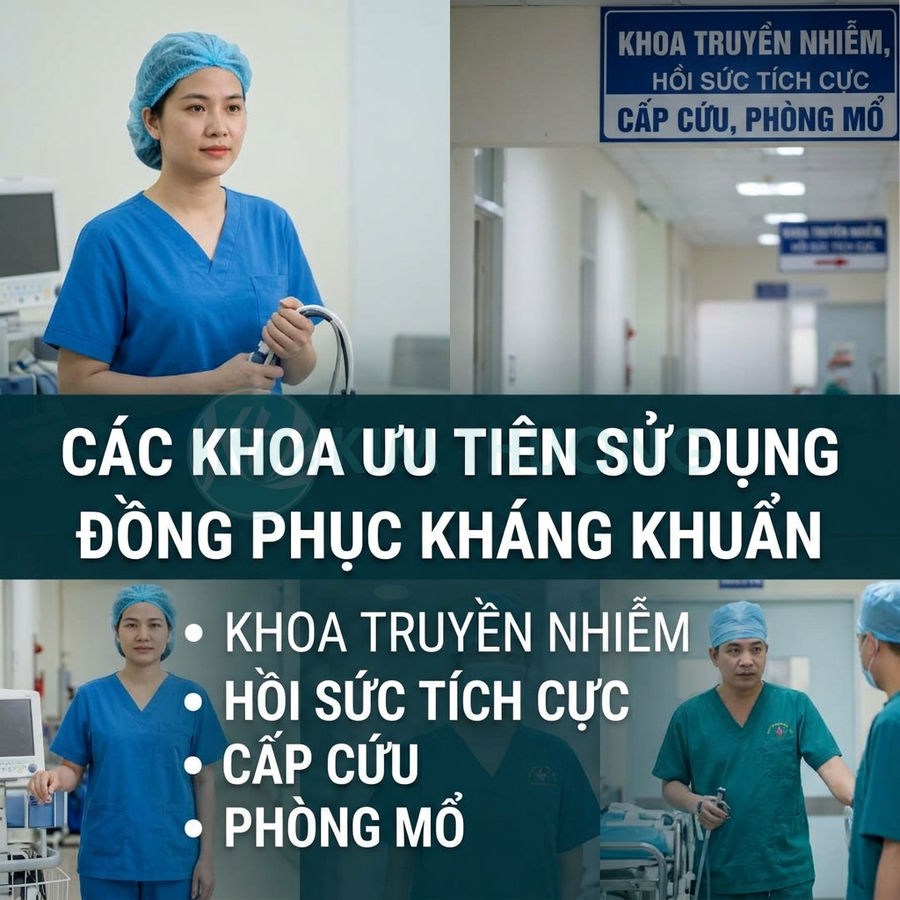Nhân viên y tế mặc đồng phục kháng khuẩn màu xanh trong các khoa truyền nhiễm, hồi sức tích cực, cấp cứu và phòng mổ
